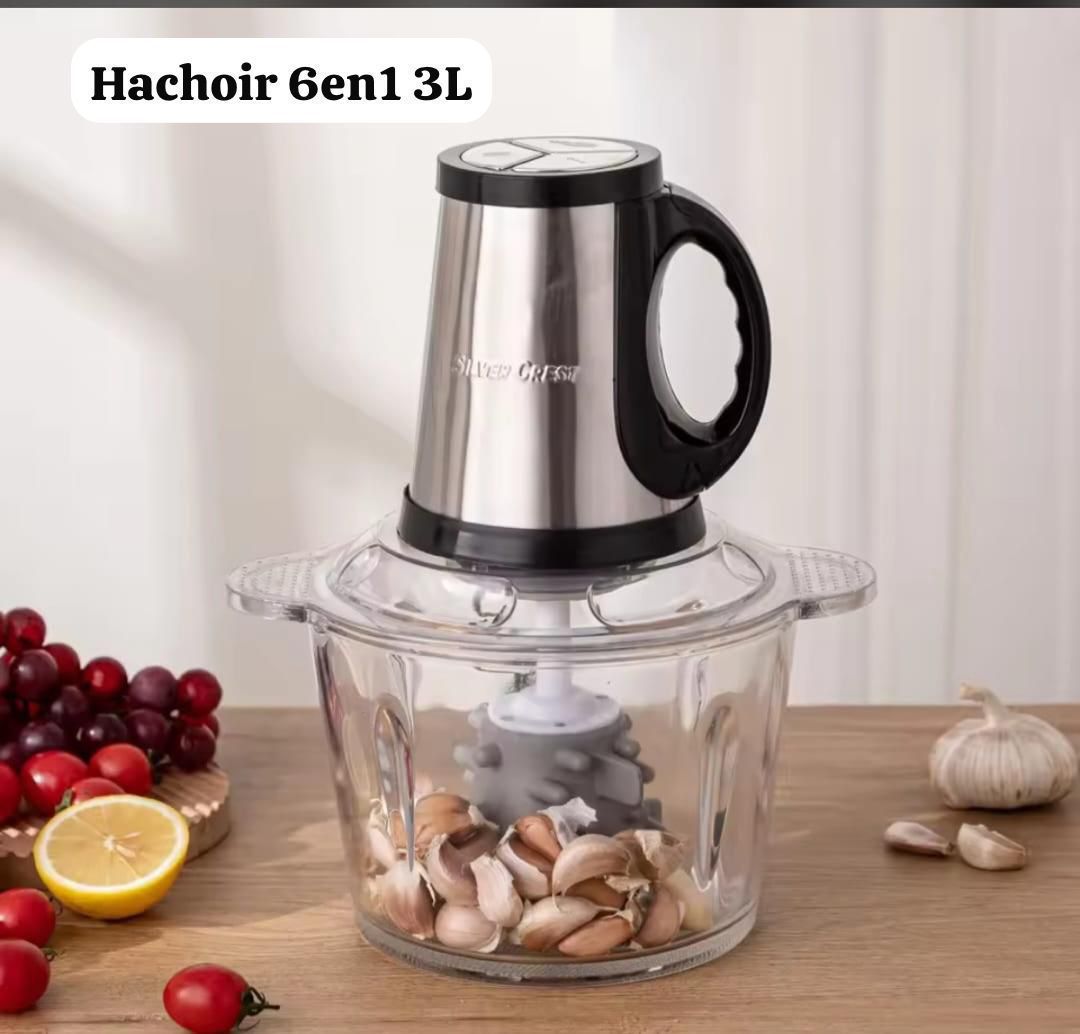 Hachoir Électrique 6 en 1 – 3 Litres Acier Inoxydable et Bol en Verre