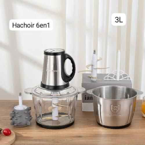 Hachoir Électrique 6 en 1 – 3 Litres Acier Inoxydable et Bol en Verre