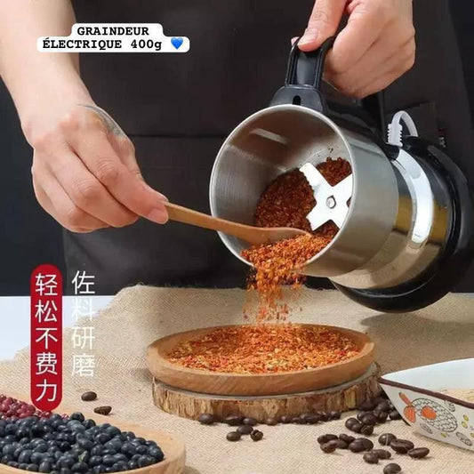 ⚡ Moulin a grain Électrique Inox 400g – Broyeur Puissant Multifonction