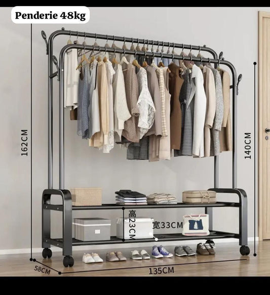 Penderie Métal Renforcé 48kg – Double Barre + Étagère de Rangement sur Roulettes