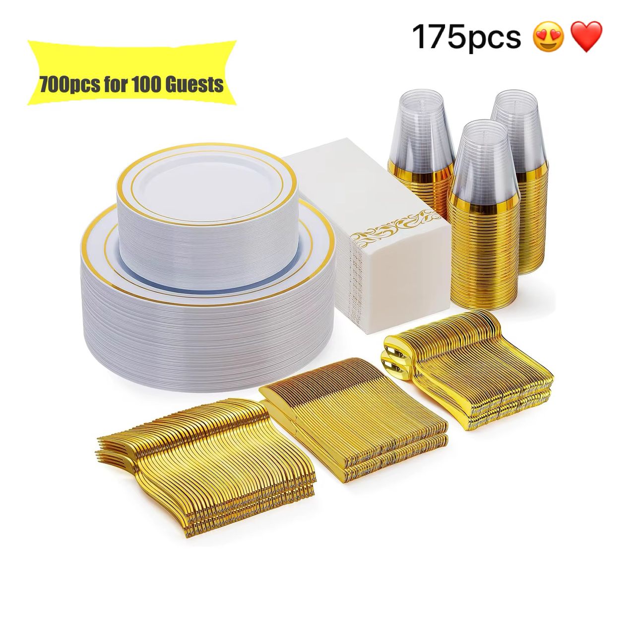 Service de Table Jetable 175 Pièces – Design Élégant Doré