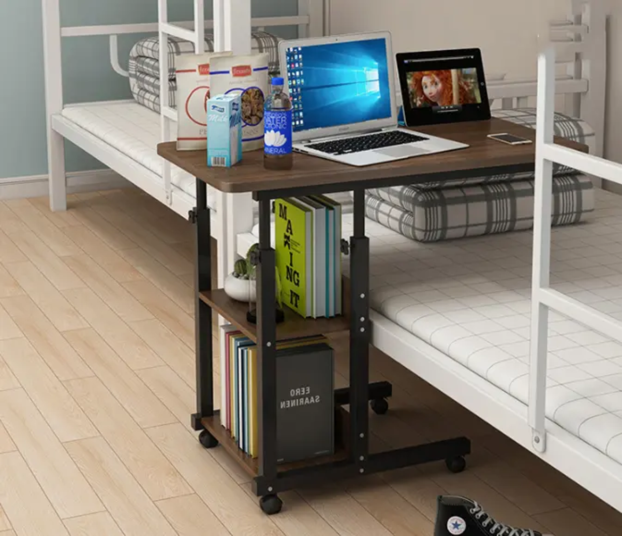 Table de chevet Mobile Réglable avec Étagères de Rangement