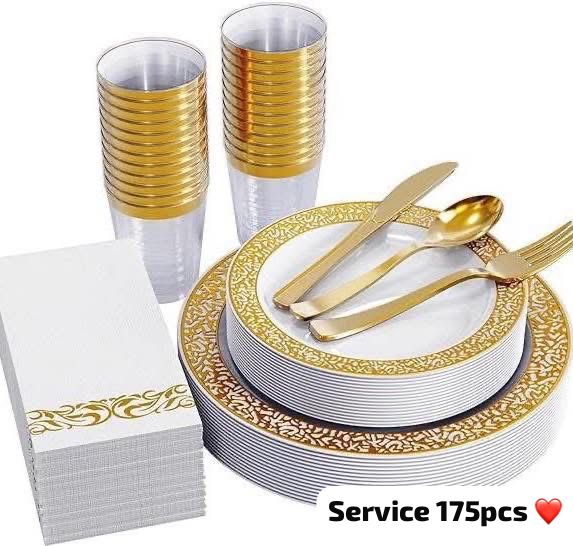 Service de Table Jetable 175 Pièces – Design Élégant Doré