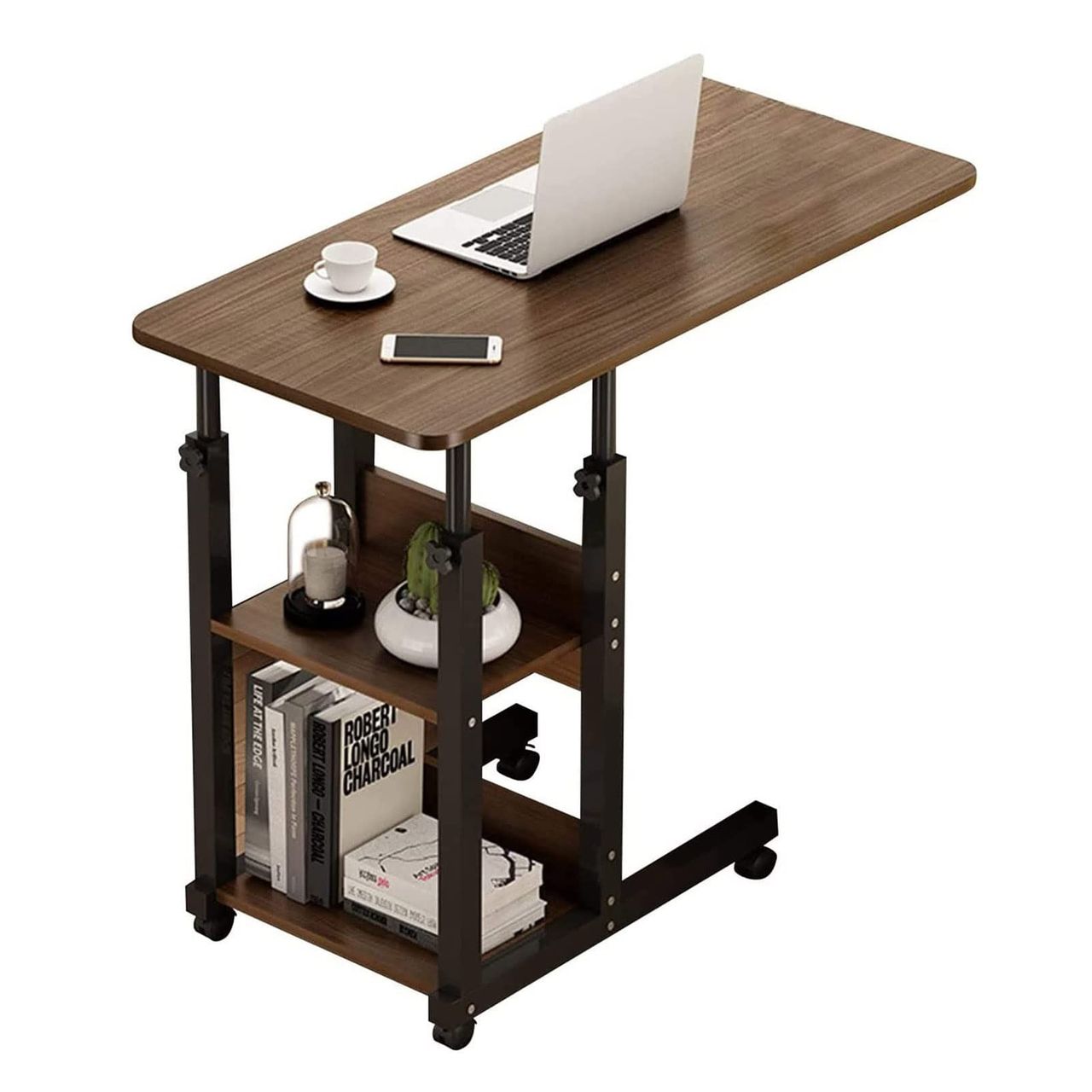 Table de chevet Mobile Réglable avec Étagères de Rangement