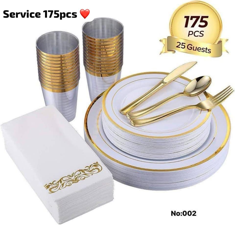 Service de Table Jetable 175 Pièces – Design Élégant Doré